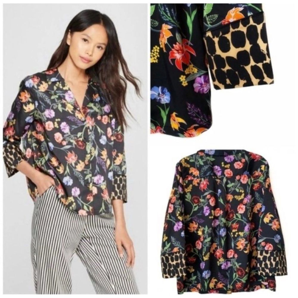 Who What Wear Black Floral Button Down Animal Print Top Blouse Leopard xs